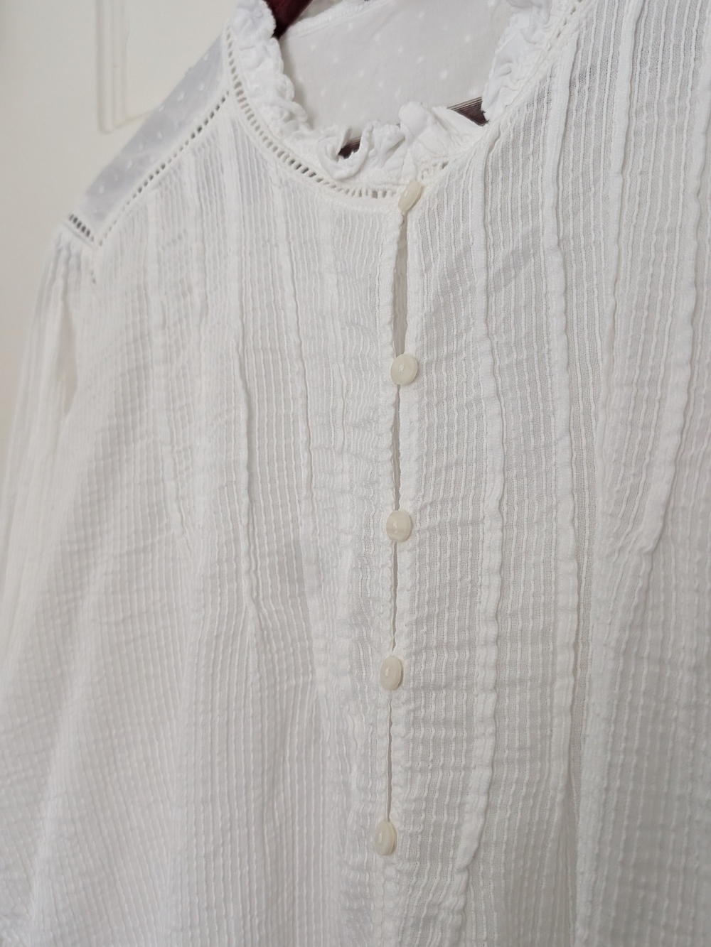 Quince White Dotted Ruffle Neck Blouse - Picture 3 of 6